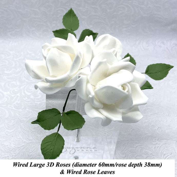 White Wired Large 3D Sugar Roses & Leaves