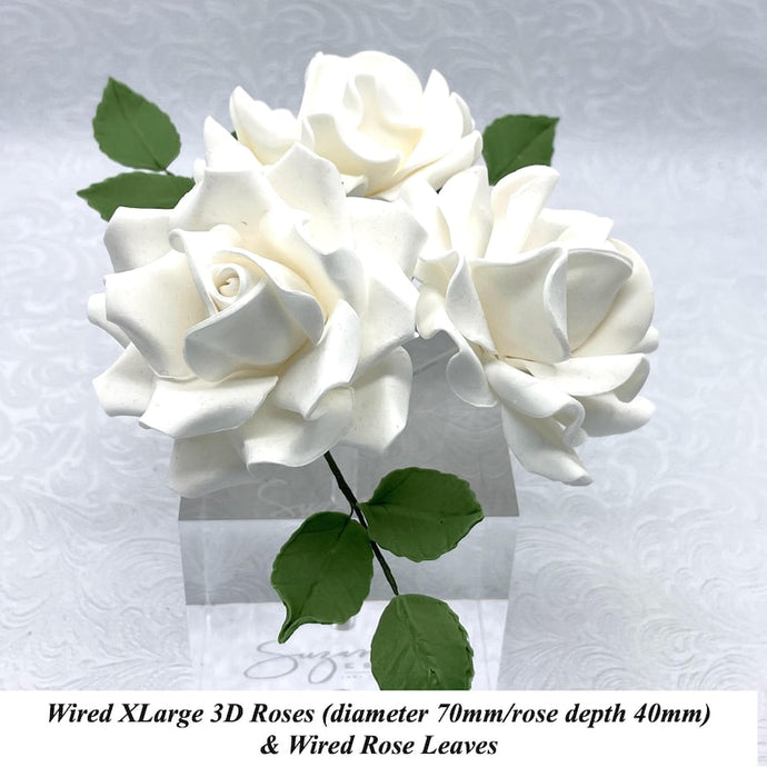 White Wired XLarge 3D Sugar Roses & Leaves