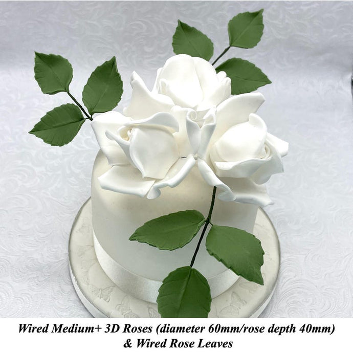 White Wired Larger Petal Medium+ 3D Sugar Roses & Wired Leaves