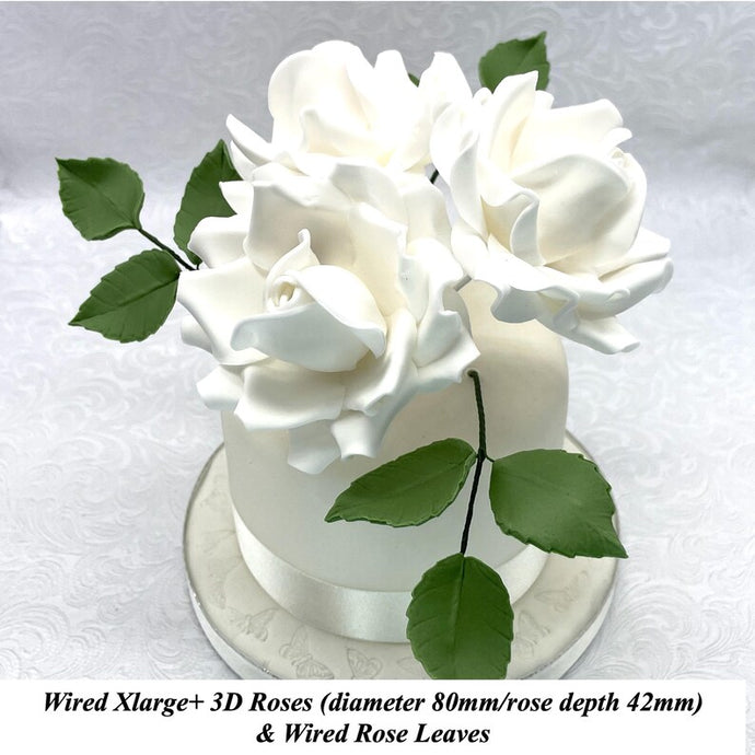 White Wired Larger Petal XLarge+ 3D Sugar Roses & Wired Leaves