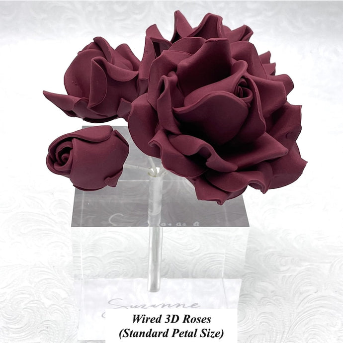 Wired 3D Maroon Burgundy Sugar Roses Standard Petal 4 Sizes 25mm-70mm