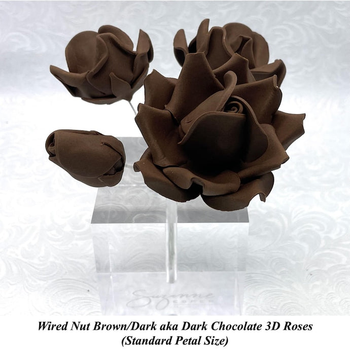 Wired 3D Dark Chocolate Sugar Roses Standard Petal 4 Sizes 25mm-70mm