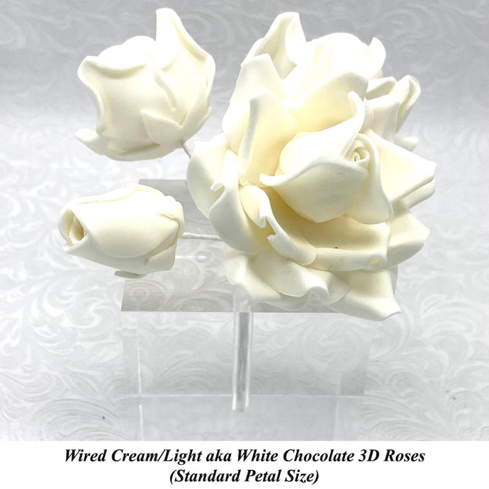 Wired 3D Light Cream White Chocolate Sugar Roses Standard Petal 4 Sizes 25mm-70mm