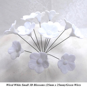 12 Wired White 3D Blossoms 25mm diameter