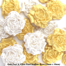 12 Gold & White Pearl Sugar Roses 2 OPTIONS Small  or Medium