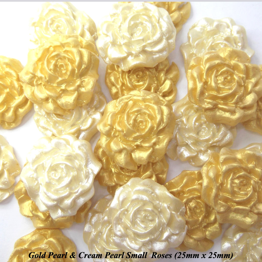 12 Gold & Cream Pearl Sugar Roses 2 OPTIONS Small  or Medium