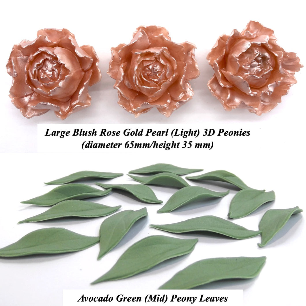 Light Rose Gold Pearl 3D Non-Wired Large Sugar Peonies & Leaves