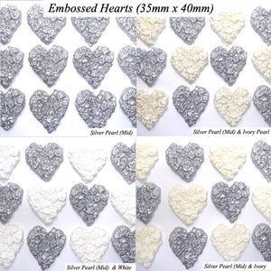12 Silver White Pearl Rose-Embossed Sugar Hearts 35mm x 40mm