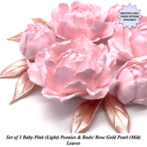 Light Baby Pink 3D Non-Wired Large Sugar Peonies, Buds & Leaves