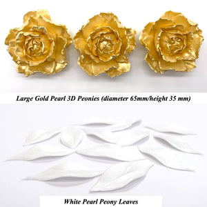 Gold Pearl 3D Non-Wired Large Sugar Peonies & Leaves