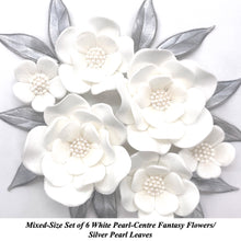 Mixed Set of White Pearl-Centre Fantasy Flowers with Leaves