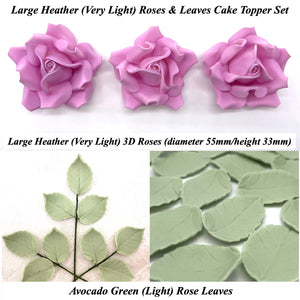 Non-Wired Large 3D Pale Heather Sugar Roses & Leaves Cake Topper Set