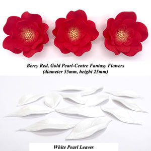 Large Berry Red, Gold Pearl-Centre Fantasy Flowers with Leaves