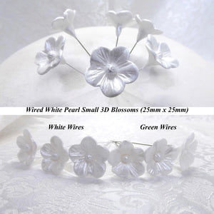 12 Wired White Pearl 3D Blossoms 25mm diameter
