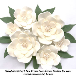 Mixed Set of Pale Cream Pearl-Centre Fantasy Flowers with Leaves