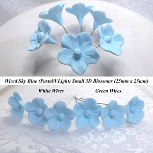 12 Wired Pastel Sky Blue 3D Blossoms 25mm diameter