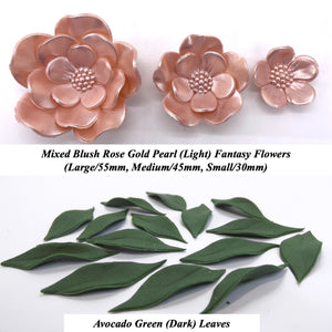Mixed Set of Light Rose Gold Pearl Fantasy Flowers with Leaves