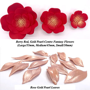 Mixed Set of Berry Red, Gold Pearl-Centre Fantasy Flowers with Leaves