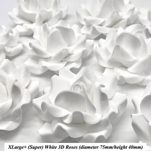 NON WIRED Large+ 3D White Sugar Roses 5 SIZES (23mm to 75mm)