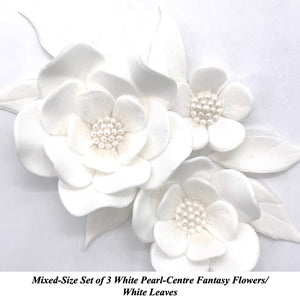 Mixed Set of White Pearl-Centre Fantasy Flowers with Leaves