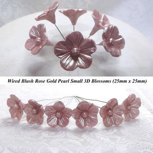 12 Wired Rose Gold Pearl 3D Blossoms 25mm diameter