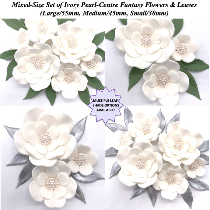 Mixed Set of Ivory Pearl-Centre Fantasy Flowers with Leaves