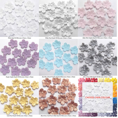 12 White Ivory Pink Red Yellow Blue Purple Silver Rose Gold Pearl 3D Sugar Blossoms