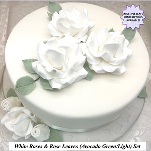 White Roses & Leaves Cake Topper Set