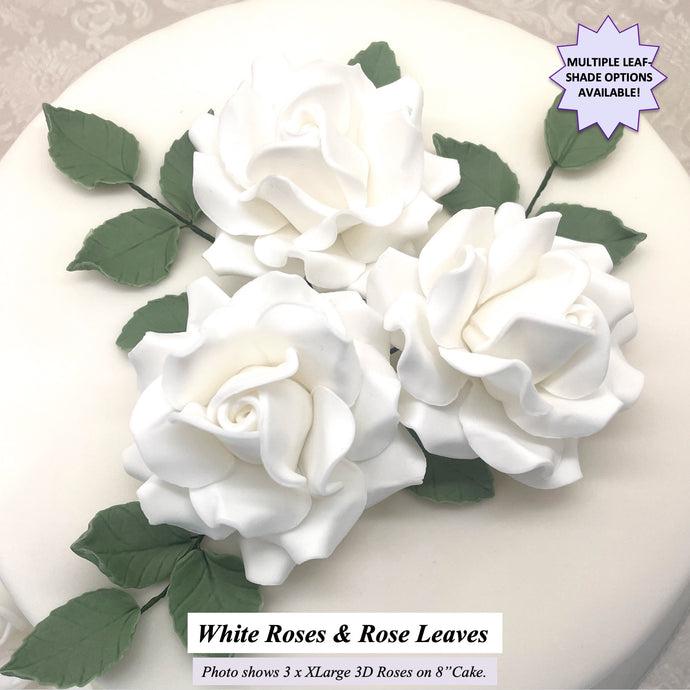 Non-Wired XLarge White Roses & Leaves Cake Topper Set Standard Petal 65mm
