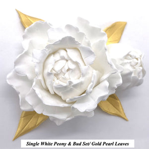White 3D Non-Wired Large Sugar Peonies, Buds & Leaves