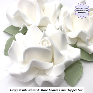 Non-Wired Large 3D White Sugar Roses & Leaves Cake Topper Set