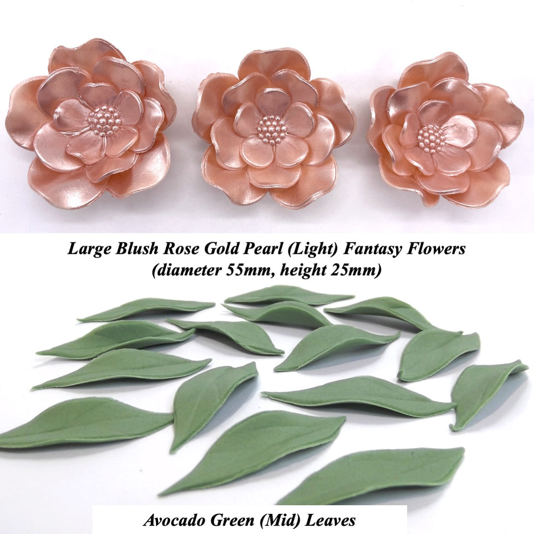 Large Light Rose Gold Pearl Fantasy Flowers with Leaves