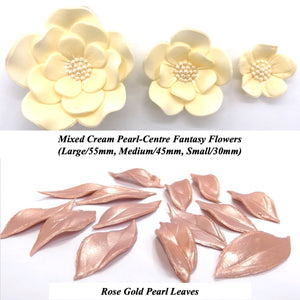 Mixed Set of Cream Pearl-Centre Fantasy Flowers with Leaves