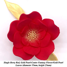 Large Berry Red, Gold Pearl-Centre Fantasy Flowers with Leaves