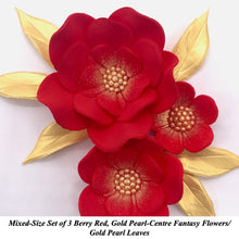 Mixed Set of Berry Red, Gold Pearl-Centre Fantasy Flowers with Leaves