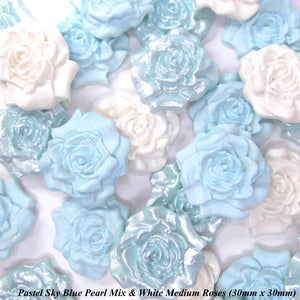 12 Pastel Baby Blue Pearl White Ivory Cream Mix Moulded Sugar Roses 30mm 6 OPTIONS