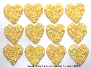 12 Gold Pearl Rose Embossed Sugar Hearts 35mm x 40mm