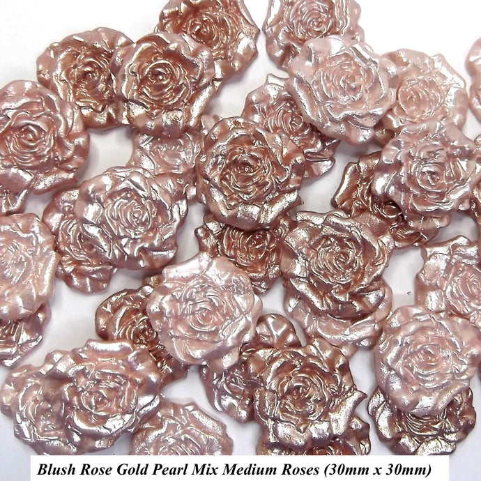 12 Blush Rose Gold Pearl Mix Moulded Sugar Roses 