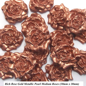 12 Rich Rose Gold Metallic Pearl Moulded Sugar Roses 