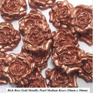 12 Rich Rose Gold Metallic Pearl Moulded Sugar Roses 