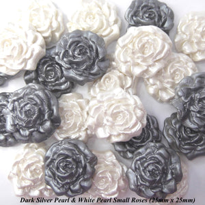 12 Dark Silver & White Pearl Moulded Sugar Roses 2 OPTIONS 25mm or 30mm