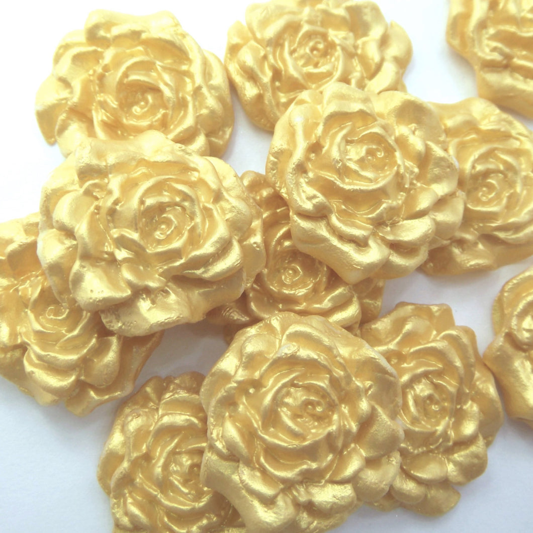 12 Small Gold Pearl Moulded Sugar Roses 25mm