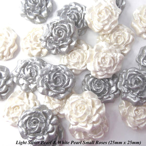 12 Silver & White Pearl Moulded Sugar Roses 2 OPTIONS 25mm or 30mm