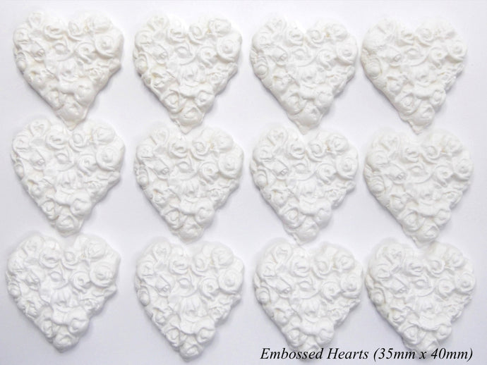 12 White Rose Embossed Sugar Hearts 35mm x 40mm