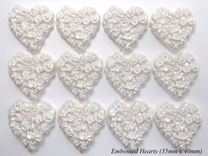 12 White Pearl Rose Moulded Embossed Sugar Hearts 35mm x 40mm