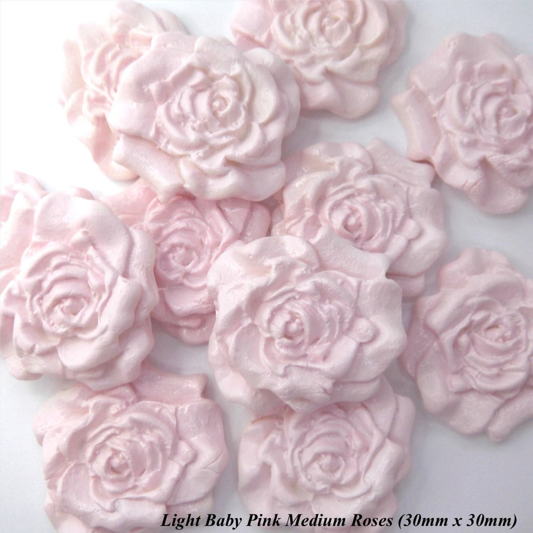 12 Light Baby Pink Pearl White Mix Moulded Sugar Roses 30mm 4 OPTIONS