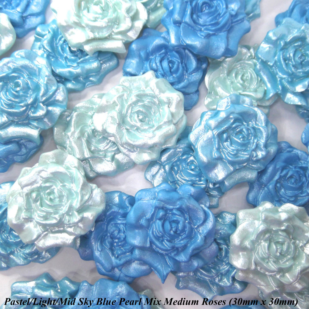12 Sky Blue Pearl Mix Moulded Sugar Roses 