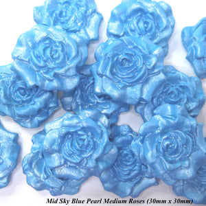 12 Mid Sky Blue Pearl Moulded Sugar Roses 